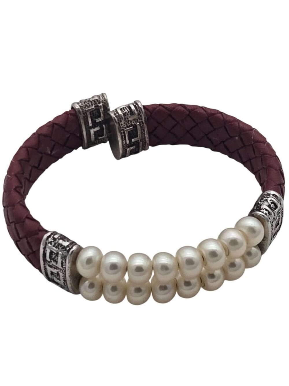 Handcrafted Red Braided Leather & White Pearl Bracelet With Silver Accents